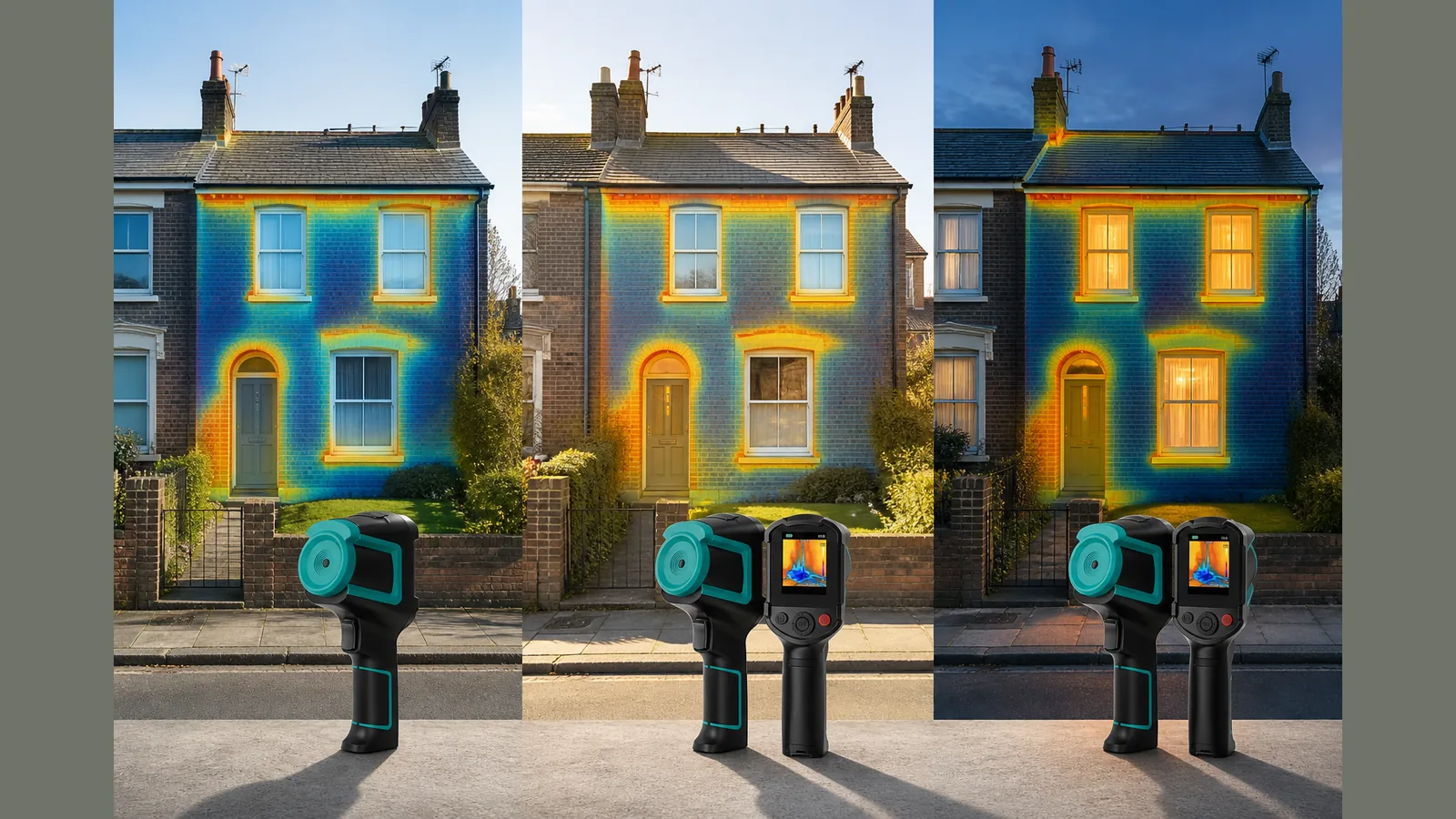 UK house shown at different times for planning a thermal imaging survey