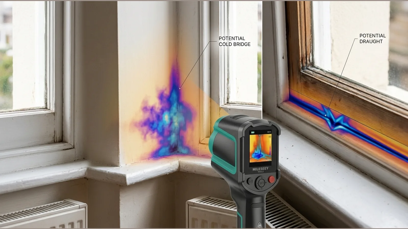 Thermal scan comparing a possible cold bridge with a draught near a window