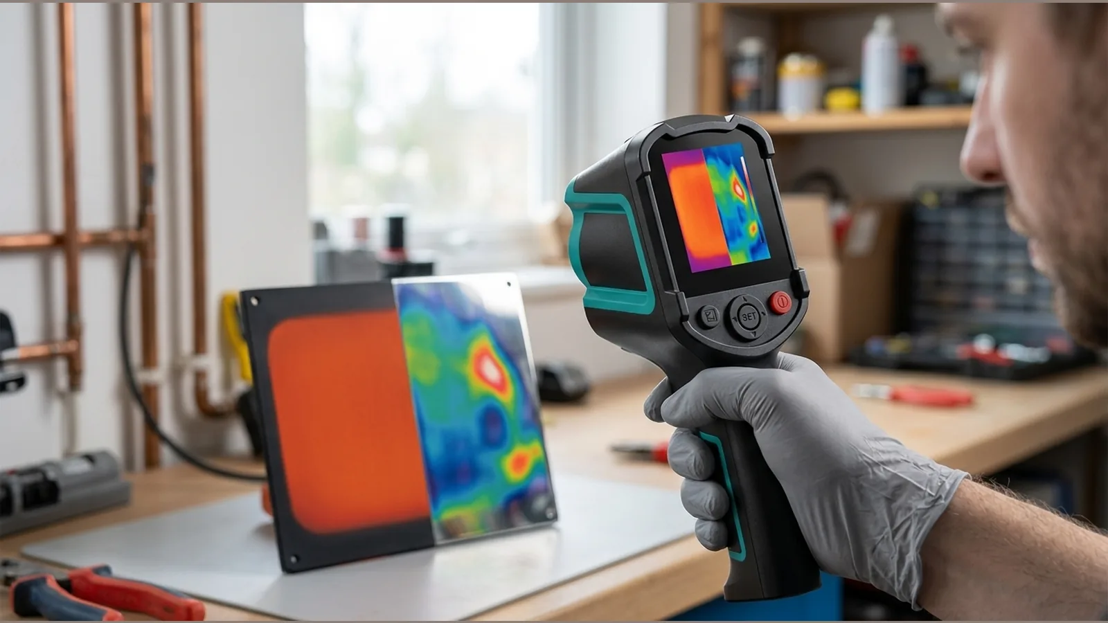 Handheld thermal camera comparing matte and reflective surfaces